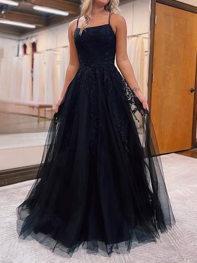 Black Ball Gown Square Neck Tulle Prom Dresses With Appliques #Milly020115665