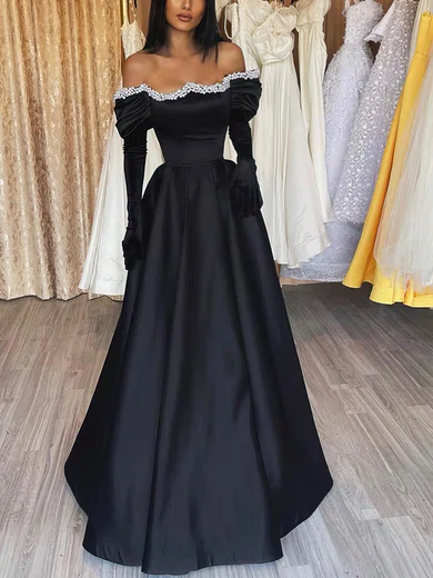 Ball Gown Off-the-shoulder Satin Prom Dresses With Long Sleeves #Milly020115673