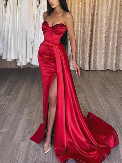 Sheath/Column Sweetheart Satin Sweep Train Prom Dresses With Split Front S020115678