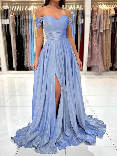 A-line Off-the-shoulder Glitter Sweep Train Prom Dresses With Split Front #Milly020115683