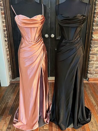 Sheath/Column Sweetheart Silk-like Satin Floor-length Ruffles Prom Dresses #Milly020115686