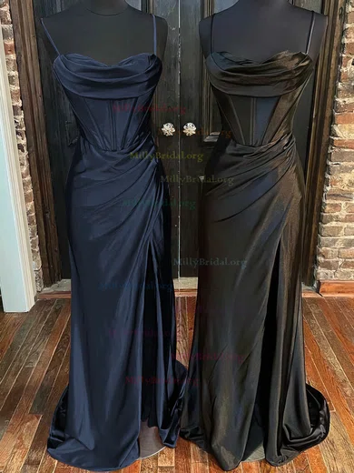 Sweetheart Sheath Column Satin Navy Blue Prom Dress