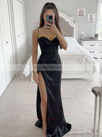 Sexy Sheath Sweetheart Black Silk Satin Long Prom Dresses with Slit,Fo –  DressesTailor