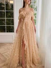 Ball Gown/Princess Off-the-shoulder Tulle Sweep Train Prom Dresses With Cascading Ruffles #Milly020115692