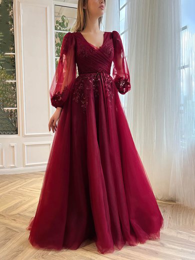 Ball Gown/Princess V-neck Tulle Floor-length Prom Dresses With Appliques Lace #Milly020115693