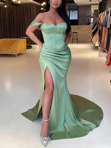 Sheath/Column Off-the-shoulder Satin Corset Prom Dresses With Ruched #Milly020115697