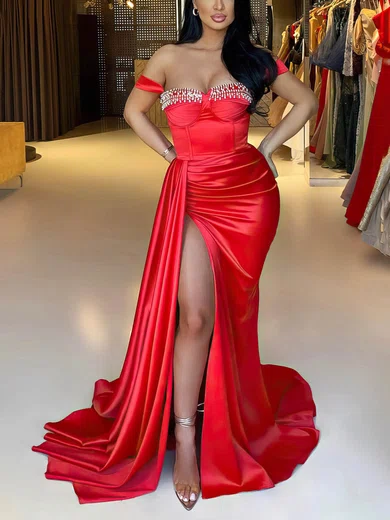 Red Mermaid Off-the-shoulder Satin Prom Dresses With Ruched #Milly020115710