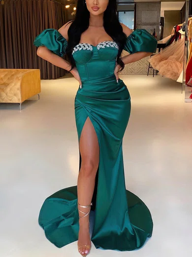 Sheath/Column Off-the-shoulder Puff Sleeve Satin Prom Dresses With Ruched #Milly020115711