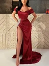 Sheath/Column Off-the-shoulder Satin Sweep Train Formal Dresses With Beading PT020115713