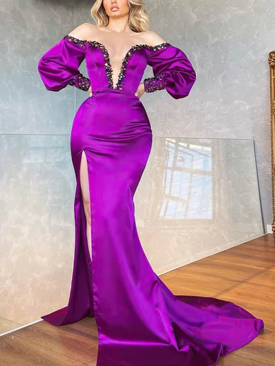 Sheath/Column Off-the-shoulder Satin Prom Dresses With Long Sleeves #Milly020115727