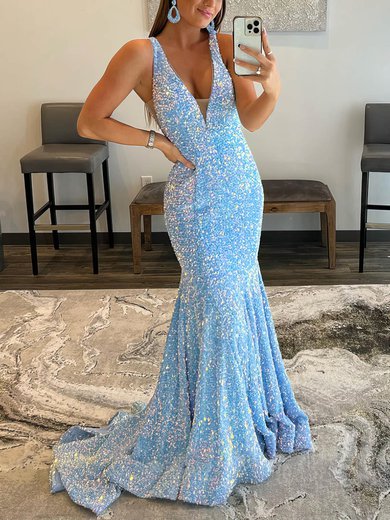 Trumpet/Mermaid Sweep Train V-neck Velvet Sequins Prom Dresses #Milly020115738