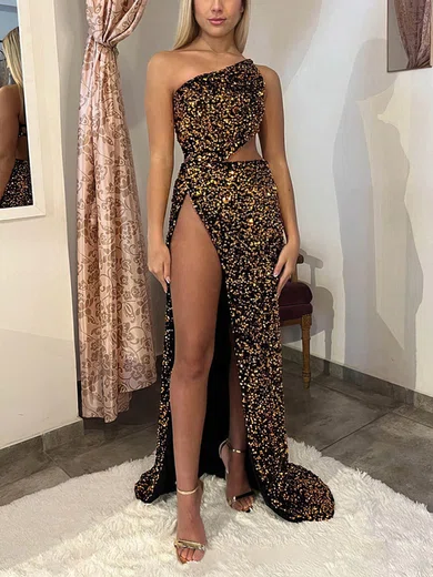 Sheath/Column One Shoulder Sparkly Velvet Sequin Prom Dresses #Milly020115744