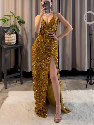 Sheath/Column V-neck Sparkly Velvet Sequin Prom Dresses #Milly020115746