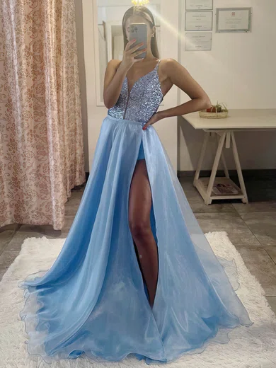 Ball Gown V-neck Organza Sequined Sweep Train Split Front Prom Dresses #Milly020115749