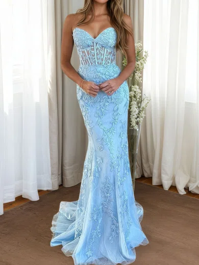 Mermaid Strapless Tulle Corset Prom Dresses With Appliques #Milly020115751