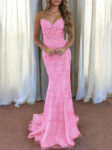 Trumpet Mermaid Flower Sweetheart Pink Tulle Prom Dress With Slit Trumpet Mermaid Flower Sweetheart Pink Tulle Prom Dress With Slit