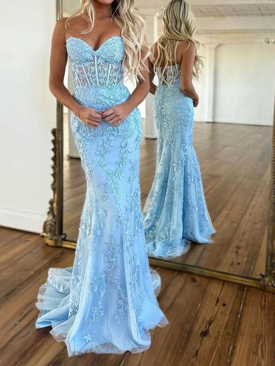 Mermaid Strapless Tulle Corset Prom Dresses With Appliques #Milly020115751