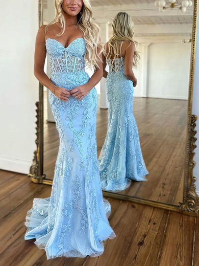 Trumpet/Mermaid Sweetheart Tulle Sweep Train Prom Dresses With Appliques Lace S020115751