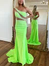 Trumpet/Mermaid One Shoulder Silk-like Satin Sweep Train Prom Dresses With Beading #Milly020115756