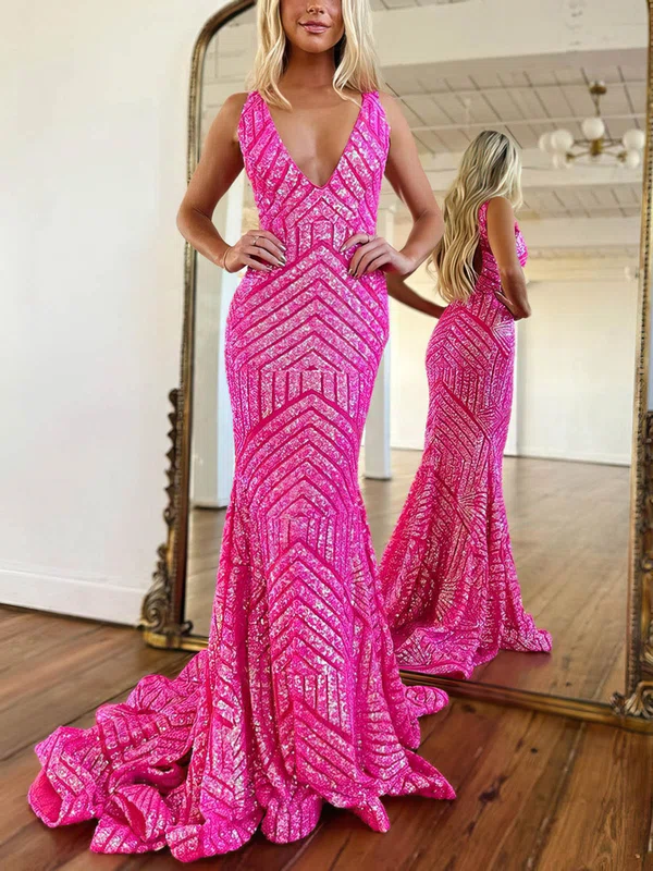 Trumpet/Mermaid V-neck Sequined Sweep Train Prom Dresses #Milly020115757