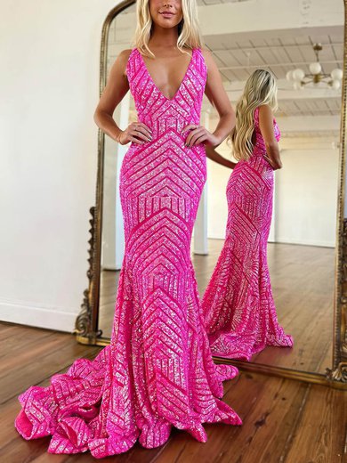 Trumpet/Mermaid V-neck Sequined Sweep Train Prom Dresses S020115757
