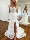 Ball Gown V-neck Lace Tulle Sweep Train Appliques Lace Prom Dresses #Milly020115760
