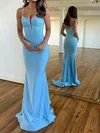 Sheath/Column V-neck Silk-like Satin Sweep Train Prom Dresses With Beading S020115761