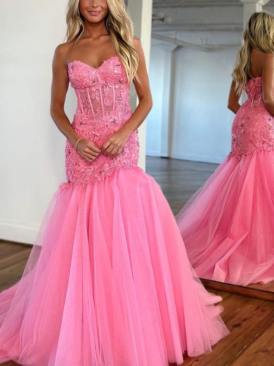 Trumpet/Mermaid Sweetheart Lace Tulle Sweep Train Prom Dresses With Beading S020115763