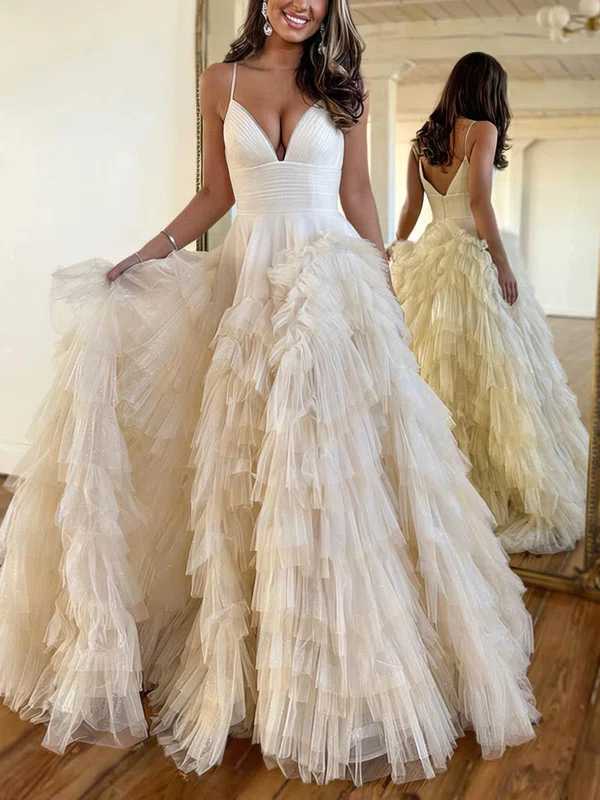 Ball Gown V-neck Tulle Sweep Train Prom Dresses With Tiered #Milly020115768