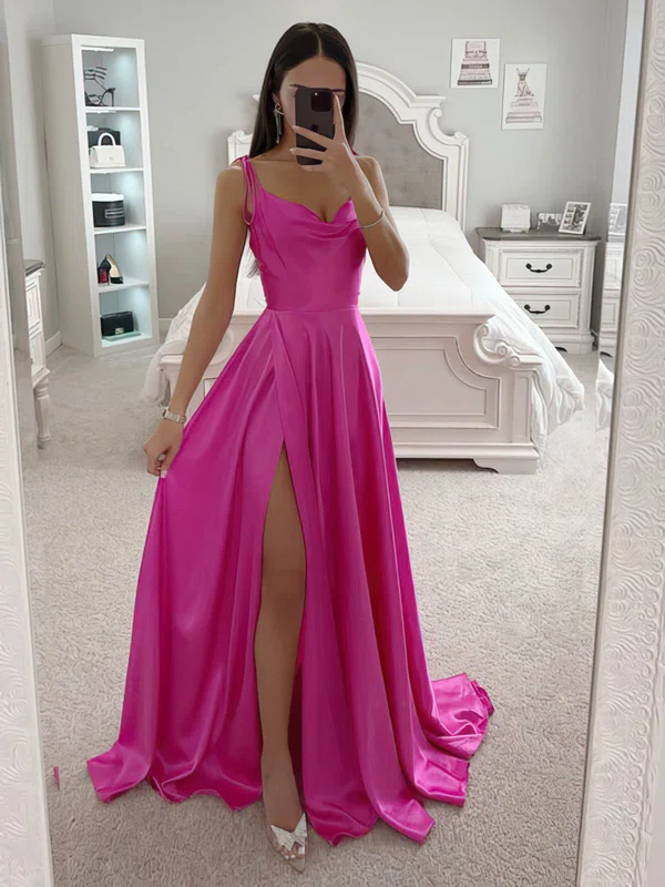 A-line Sweep Train Cowl Neck Silk-like Satin Split Front Prom Dresses #Milly020115825