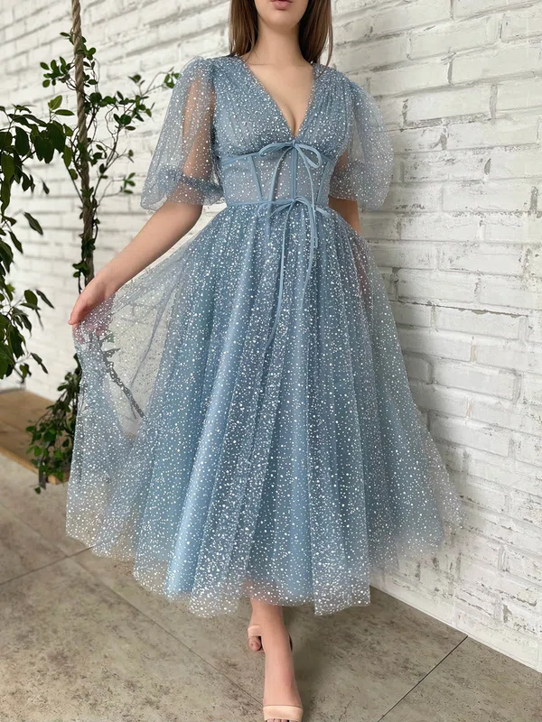 Princess V-neck Corset Tulle Puff Sleeves Long Homecoming Dresses #Milly020115850