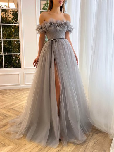 A-line Off-the-shoulder Tulle Sweep Train Prom Dresses With Sashes / Ribbons #Milly020115852