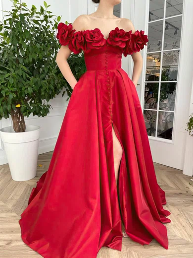 Ball Gown Off-the-shoulder Satin 3D Floral Prom Dresses #Milly020115855