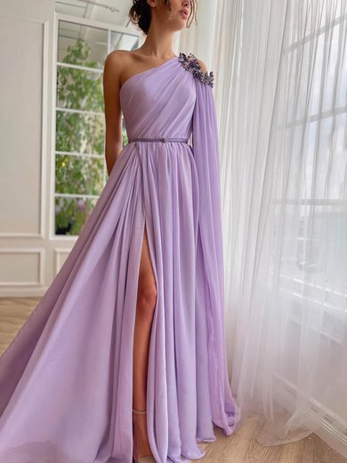 A-line One Shoulder Chiffon Sweep Train Prom Dresses With Beading S020115859
