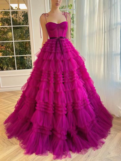 Ball Gown/Princess Sweetheart Tulle Sweep Train Prom Dresses With Tiered S020115860