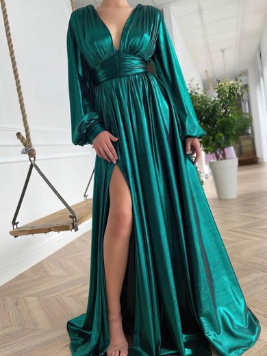 Ball Gown/Princess V-neck Silk-like Satin Sweep Train Prom Dresses With Split Front #Milly020115866