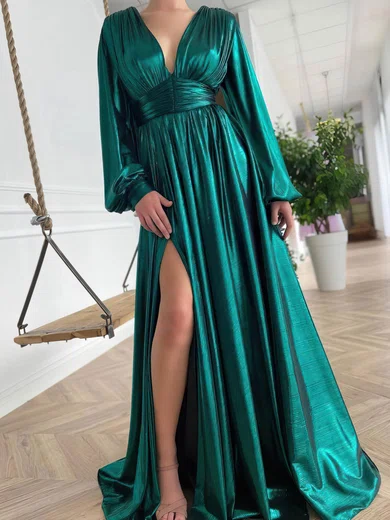 Ball Gown V-neck Long Sleeves Satin Prom Dresses With Ruched #Milly020115866