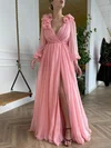 A-line V-neck Chiffon Sweep Train Prom Dresses With Split Front #Milly020115868