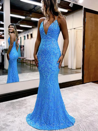 Trumpet/Mermaid V-neck Sequined Sweep Train Prom Dresses S020115877