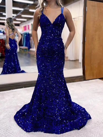 Trumpet/Mermaid V-neck Velvet Sequins Sweep Train Prom Dresses S020115897