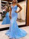 Trumpet/Mermaid Sweep Train V-neck Velvet Sequins Prom Dresses #Milly020115897