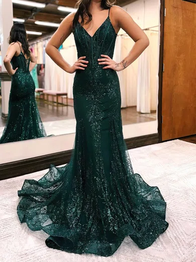 Trumpet/Mermaid V-neck Tulle Glitter Sweep Train Prom Dresses S020115898