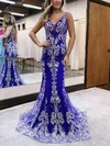 Trumpet/Mermaid V-neck Tulle Sweep Train Prom Dresses With Appliques Lace #Milly020115906