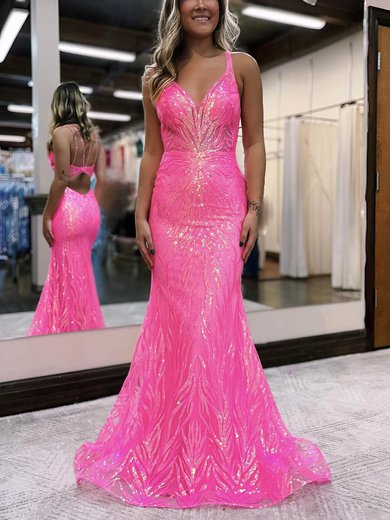 Trumpet/Mermaid V-neck Sequined Sweep Train Prom Dresses S020115907