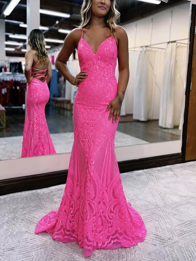 Trumpet/Mermaid V-neck Sequined Sweep Train Prom Dresses #Milly020115908