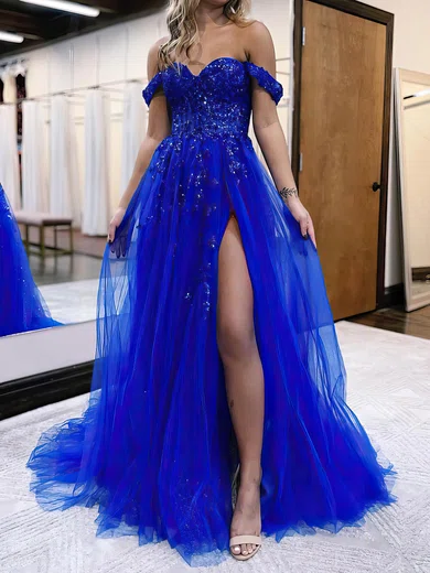 Ball Gown Off-the-shoulder Tulle Prom Dresses With Appliques #Milly020115910