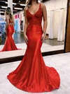 Trumpet/Mermaid V-neck Satin Sweep Train Prom Dresses With Appliques Lace #Milly020115911