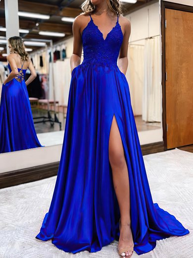 A-line Sweep Train V-neck Silk-like Satin Appliques Lace Prom Dresses #Milly020115912