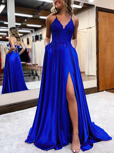 A-line V-neck Silk-like Satin Sweep Train Prom Dresses With Appliques Lace S020115912