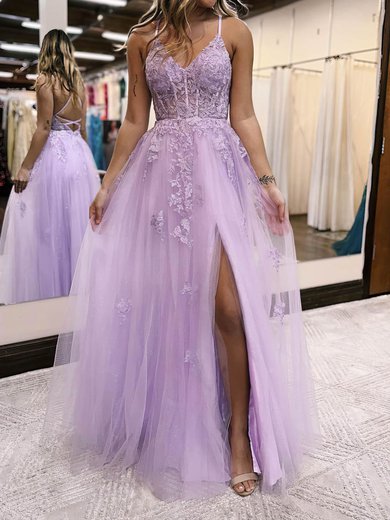 Ball Gown V-neck Tulle Prom Dresses With Appliques #Milly020115913